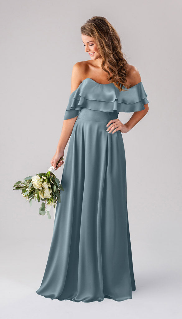 slim fit dress slacks Modest Long Sleeve Long Formal Dress with Beads Indigo Grey / 14