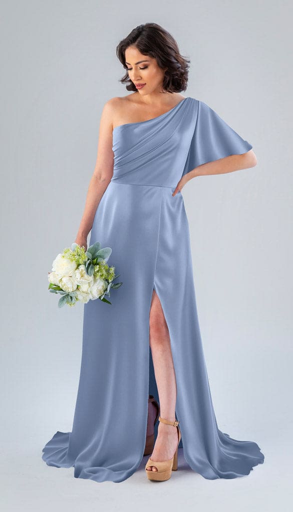 one shoulder bridesmaid dress satin Blake Luxe ATT|Trend|Vintage Stretch Satin Color Brown Ribbed Detail Knit Color:Emerald*