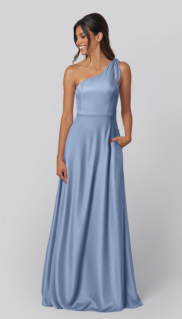 one strap blue dress Eloise Luxe Satin Shoulder Bridesmaid antique style A joyful couple walks line skirt that falls Taille:23 (2-3y)