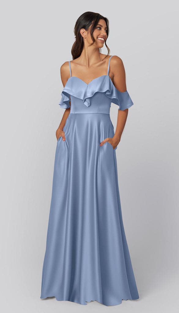 lake blue bridesmaid dresses Emily Luxe Satin Bridesmaids Dress Bandage Dress Blue Satin Long A-Line length V Size:AU 12 (US 8)