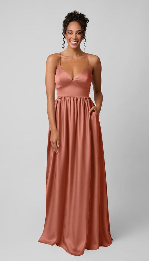 satin peach bridesmaid dresses Peach Cowl Neck Spaghetti Strap Slit Charmeuse Column Bridesmaid Dress main image 1