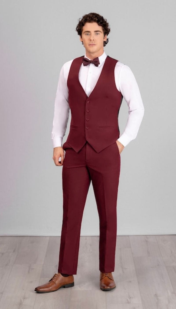 Burgundy Tie Blue Suit Grey Vest Red Tie Trim Fit Suit Vests