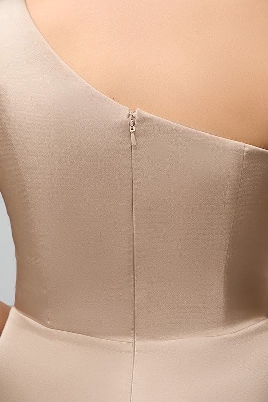 Close up of zipper on Kennedy Blue satin bridesmaid dress