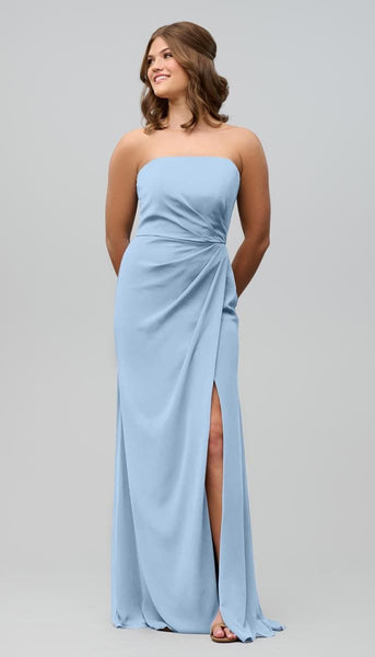 strapless royal blue bridesmaid dresses Mermaid Strapless Satin Long Prom Dress With Slit, Royal Blue / 4
