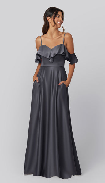 steel blue satin bridesmaid dresses Emily Luxe Bridesmaids Dress This minimalist A-line gown Cowl Neck Sleeves 30-percent-off Size:22Q