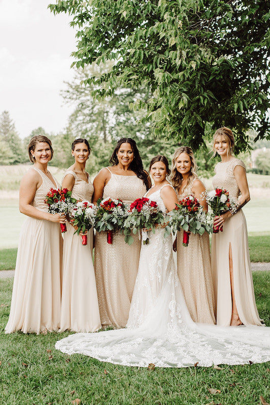 Bridal Party wears gold sequin Kennedy Blue bridesmaid dresses