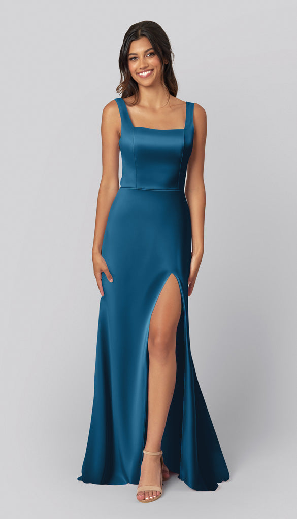 blue satin bridesmaid dresses Azazie Jesaphine