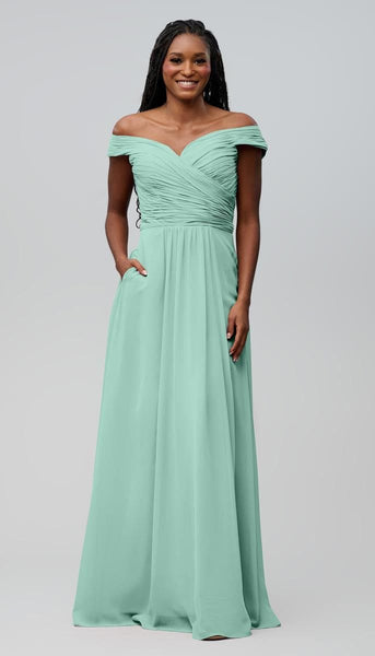 Jenna Off the Shoulder Chiffon Bridesmaids Dress | Kennedy Blue Deep Sea Jenna Off the Shoulder Chiffon Bridesmaids Dress | Kennedy Blue Deep Sea