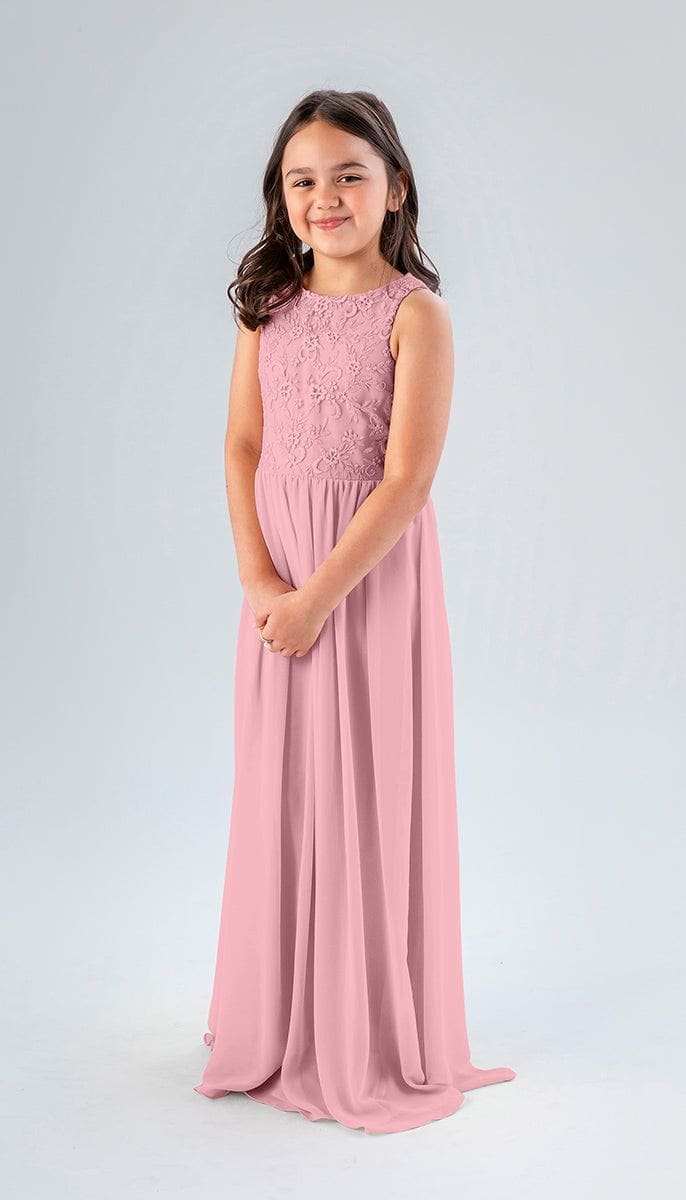 pink junior bridesmaid dresses Azazie Sheath Cowl Neck Floor-Length Chiffon length skirt finishes this long dress with soft layers in a romantic style Kennedy Blue Keaton Junior Bridesmaid