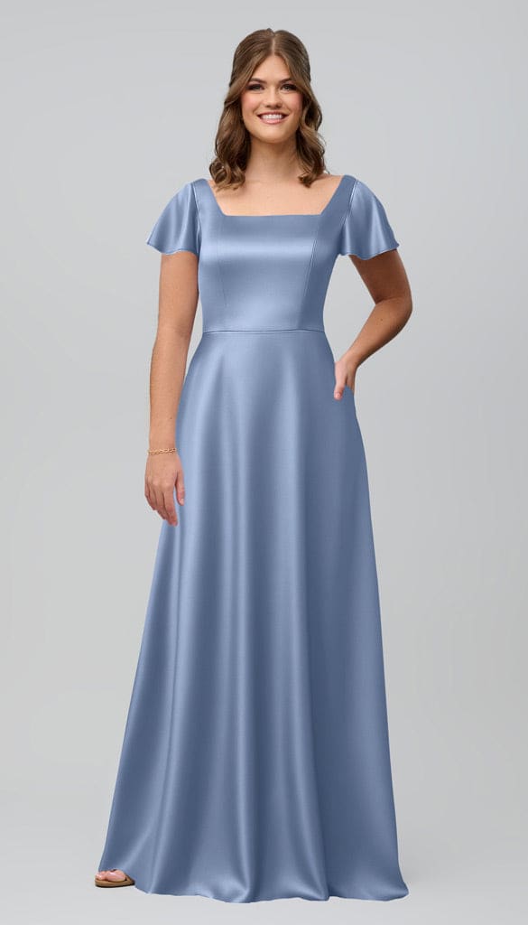 kelly blue bridesmaid dresses Kelly Luxe Satin Modest Bridesmaids Dress