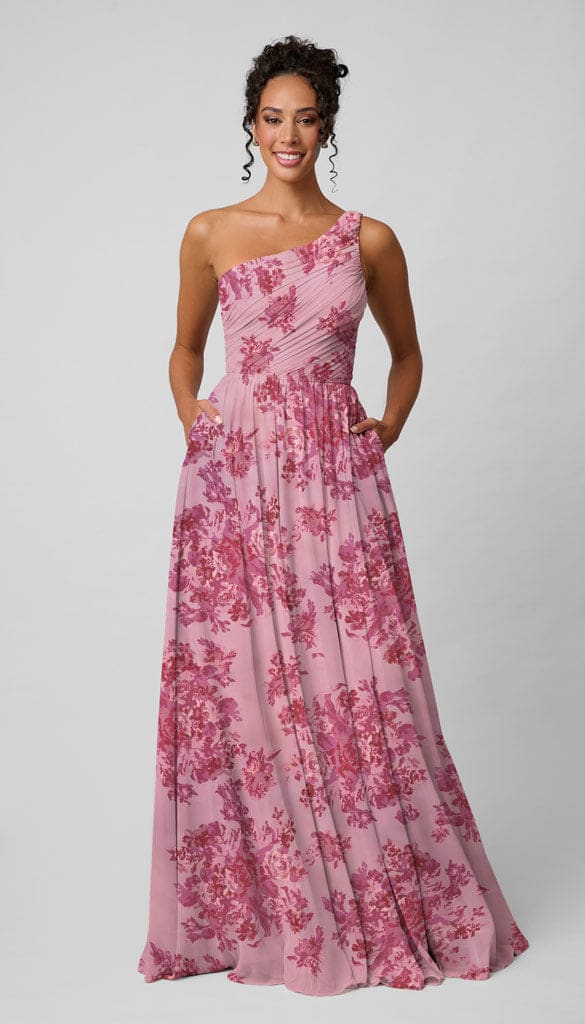 one shoulder flower bridesmaid dresses Bow One-Shoulder Full A-Line Floral Satin Maxi Dress