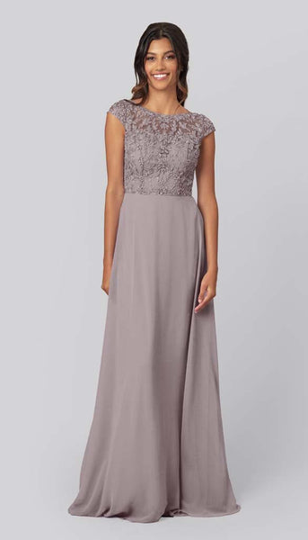 gray lace bridesmaid dress Azazie Dunja
