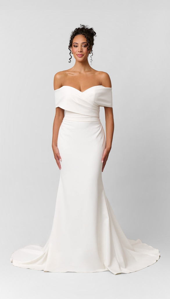 off the shoulder going out dresses La Divine CD790 Fitted Stretchable Gown with Off-the-Shoulder Sleeves Front Leg Slit Ruched Bodice; Perfect for Bridesmaids Black / 6