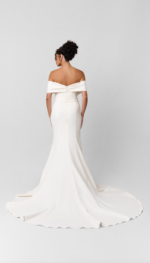 off-the-shoulder buttoned back crepe wedding dress Off The Shoulder Crepe Wedding Dress
