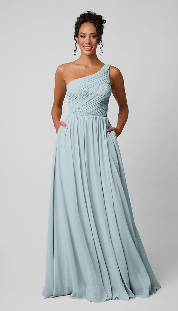 light blue one shoulder bridesmaid dress Stacees One-Shoulder Ruched Grape Bridesmaid Dress with Tie-bow Back