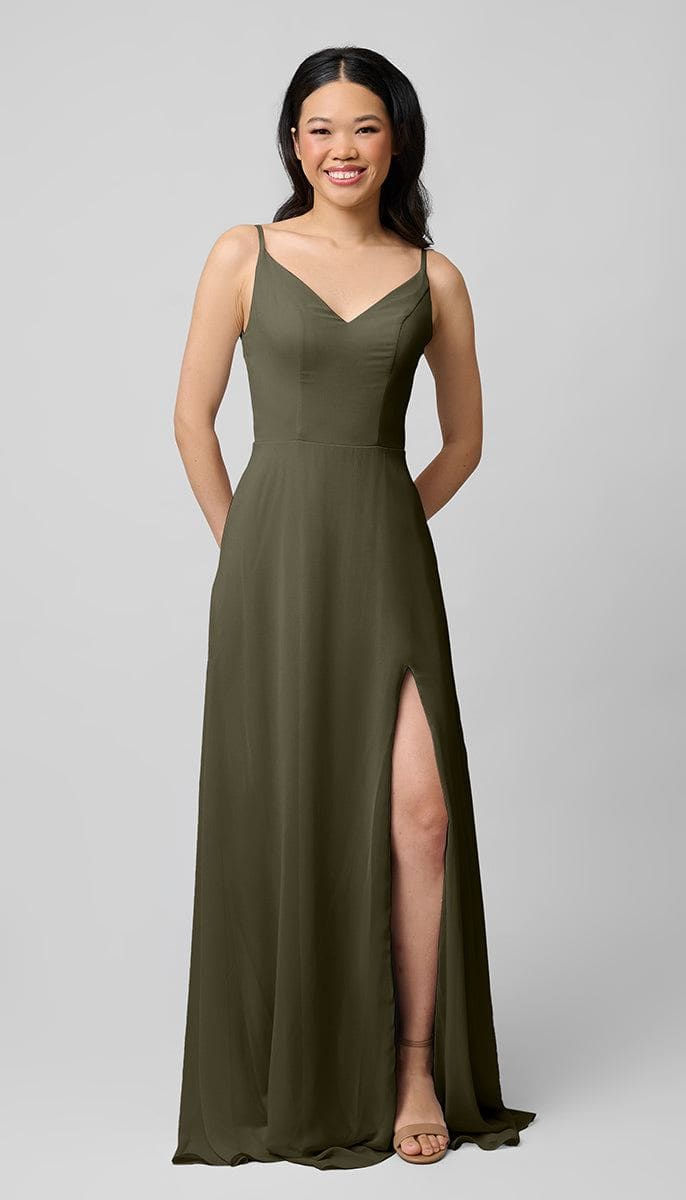 bridesmaid dresses eau claire wi Chiffon V-neck Simple Pleated Long Slit Bridesmaid Dress, FC2389
