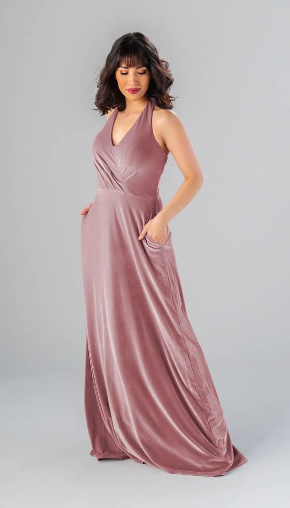blush velvet bridesmaid dresses Blush Pink Off the Shoulder Bridesmaid Dress with Slit – FancyVestido