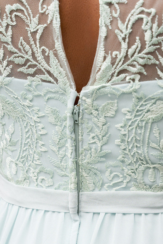 Close up of zipper on Kennedy Blue embroidered bridesmaid dress