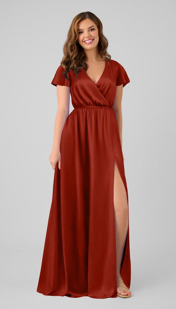 satin cinnamon dress Kyra adjustable fit luxe satin bridesmaid dress