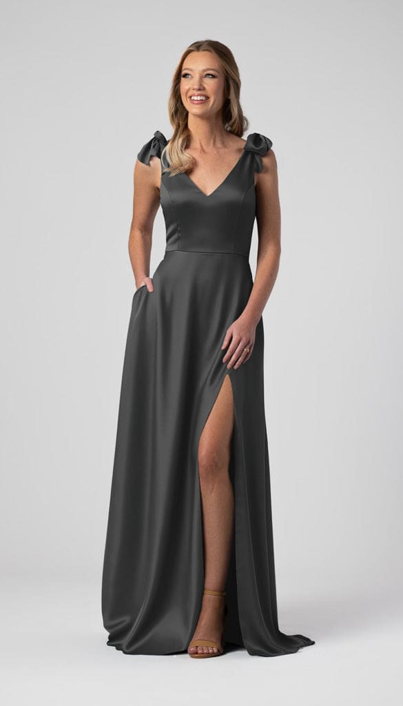 blue gray satin dress Dusty Blue Formal Dresses Halter V-Neck Trumpet/Mermaid High Waist Ruched Formal Dress With Slit