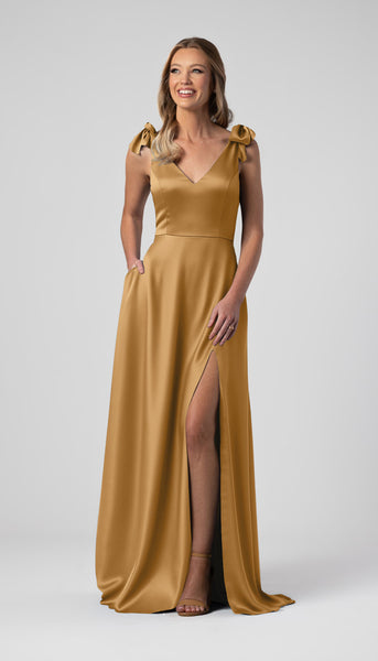 gold and blue bridesmaid dresses Leah Luxe Satin Bow Sleeves Dress Crystal