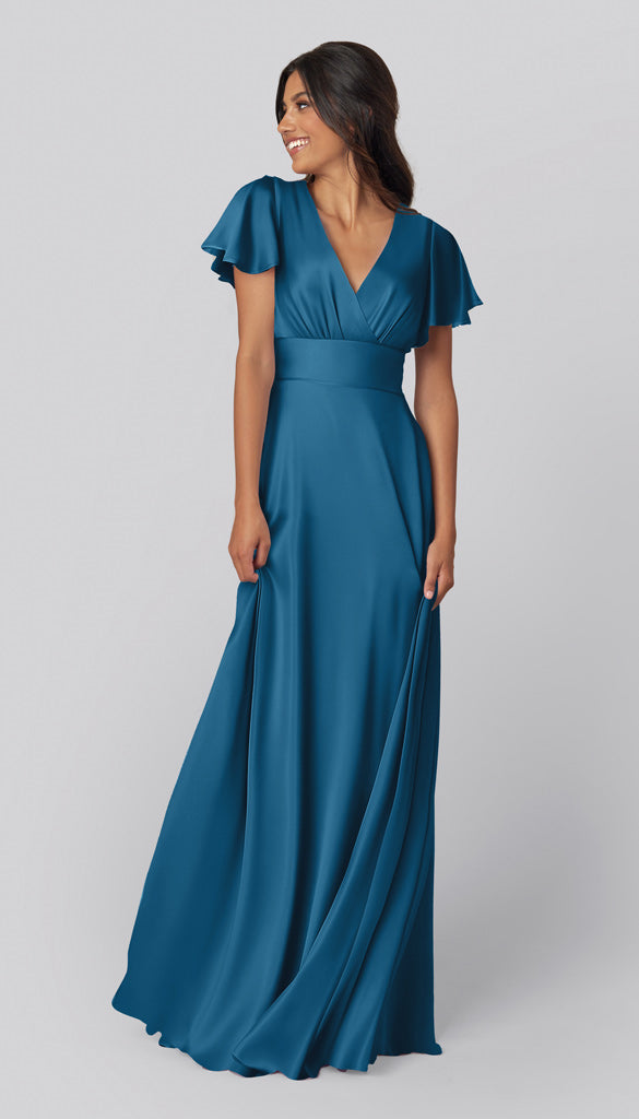 blue bridesmaid dresses modest Dusty Blue Beaded Modest Bridesmaid Dress with short sleeves