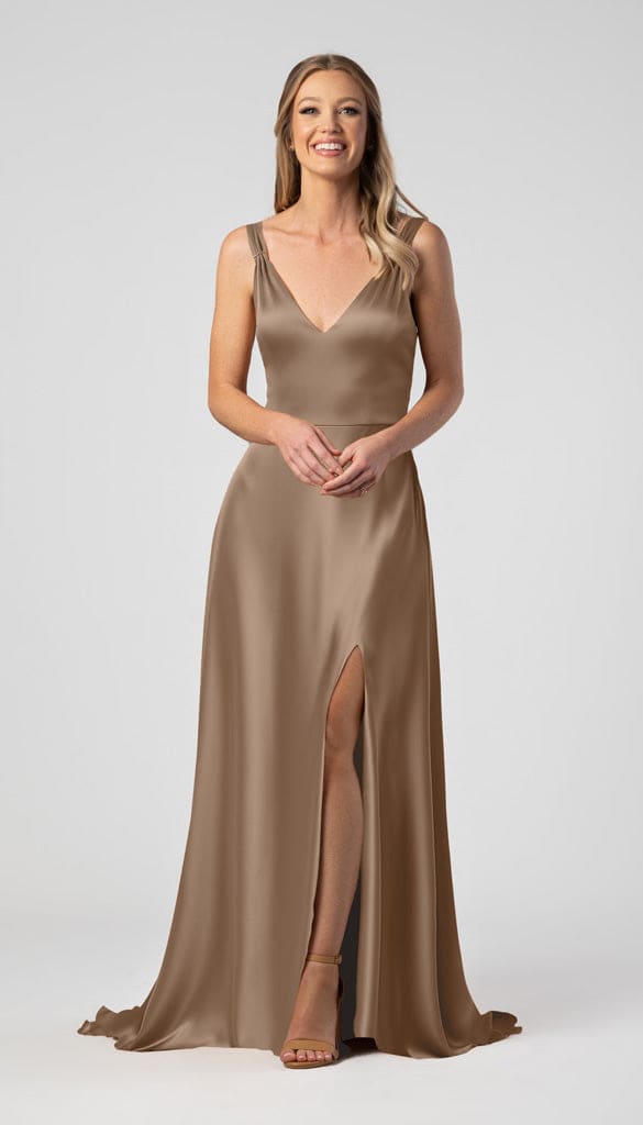 tan satin dress Meg Luxe Bridesmaid Color:Sakura Donna Karan Women's Satin across front only of v neckline chiffon bridesmaid dress
