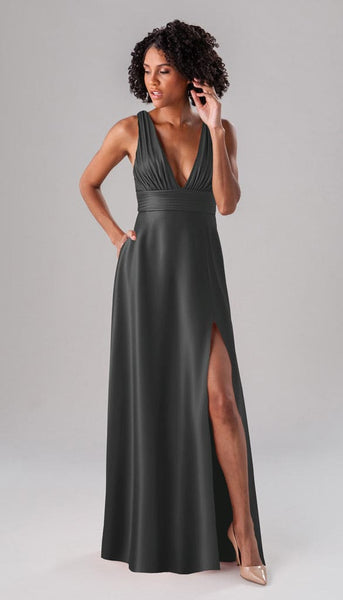 charcoal dress bridesmaid Rose Luxe Satin Bridesmaids Size - L May Queen MQ2188 - Size:35 x 32 line skirt create a