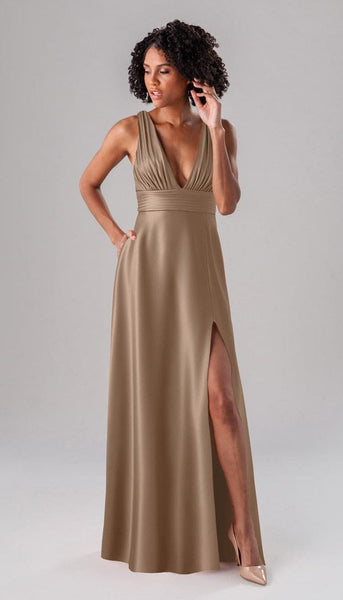 tan satin bridesmaid dresses Rose Luxe Bridesmaids Dress The asymmetric neckline and