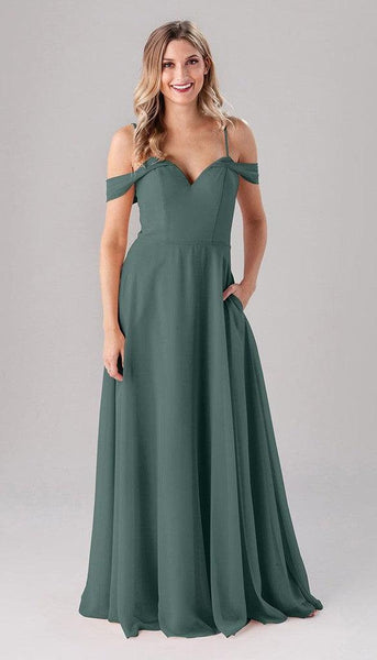 Samantha Off The Shoulder Chiffon Bridesmaids Dress | Kennedy Blue Deep Sea