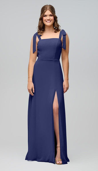 bridesmaid dresses evansville in Halley Fitted V Neck Stretch Satin Bridesmaid Dress with Slit