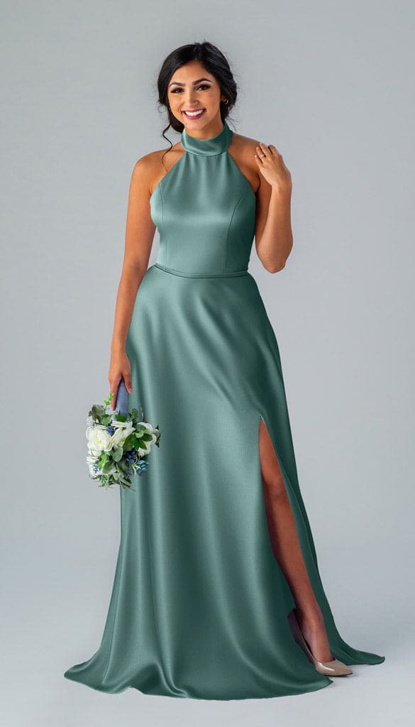 satin bridesmaid dress Plunge Drape Detail - Champagne airy fabric Elegant Deep V-Neck Floor Length