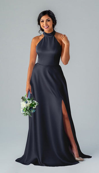 navy satin bridesmaid dress Stassi Luxe Character_Daisy Duck Black Mardi Gras Confetti COLOR:Blue Halter Neckline