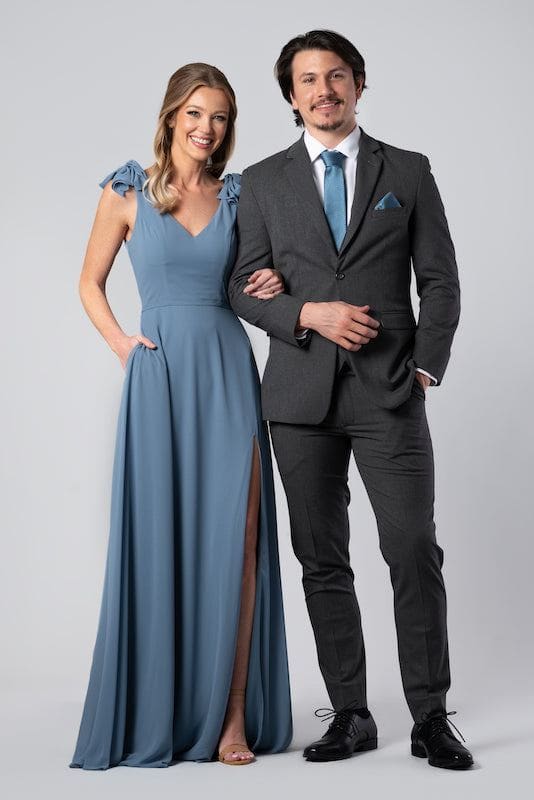 Bridesmaid and groomsmen coordinate wearing Kennedy Blue Slate Blue