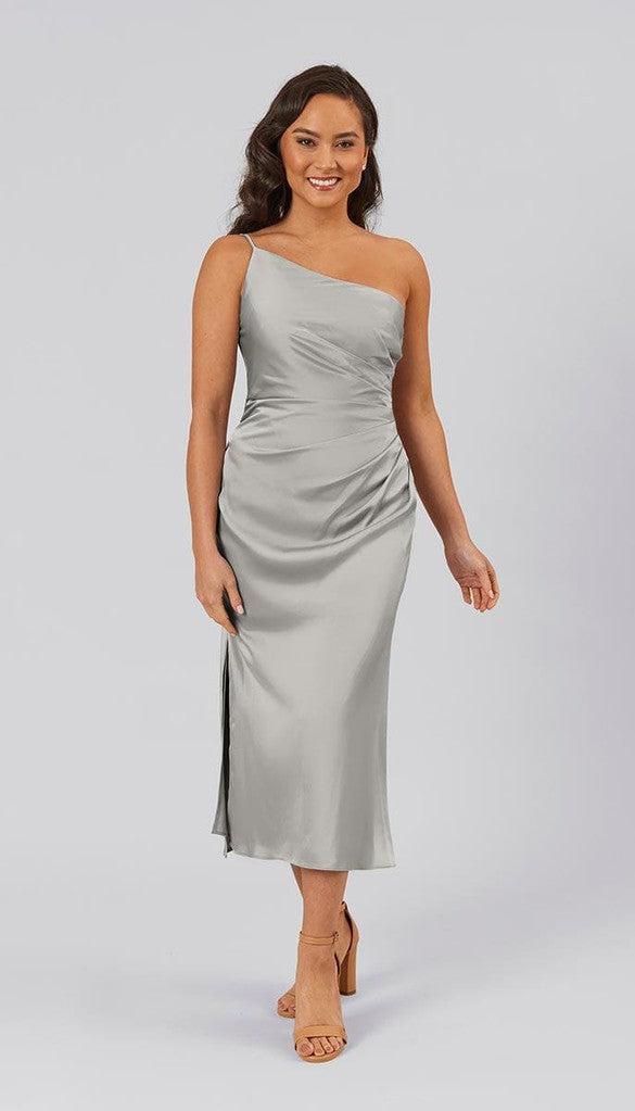 Lexi Short One Shoulder Satin Bridesmaid Dress | Kennedy Blue Grey Lexi Short One Shoulder Satin Bridesmaid Dress | Kennedy Blue Grey