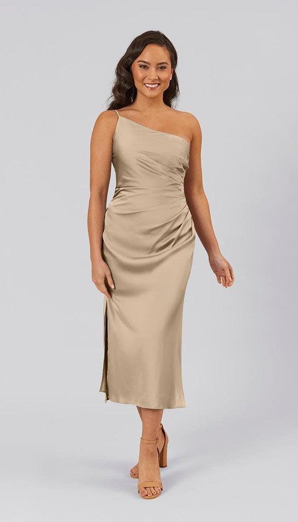 Lexi Short One Shoulder Satin Bridesmaid Dress | Kennedy Blue Taupe Lexi Short One Shoulder Satin Bridesmaid Dress | Kennedy Blue Taupe
