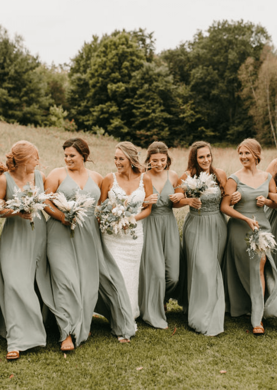 Moss|Real wedding photo of young trendy bridesmaids wearing muted green dresses from Kennedy Blue