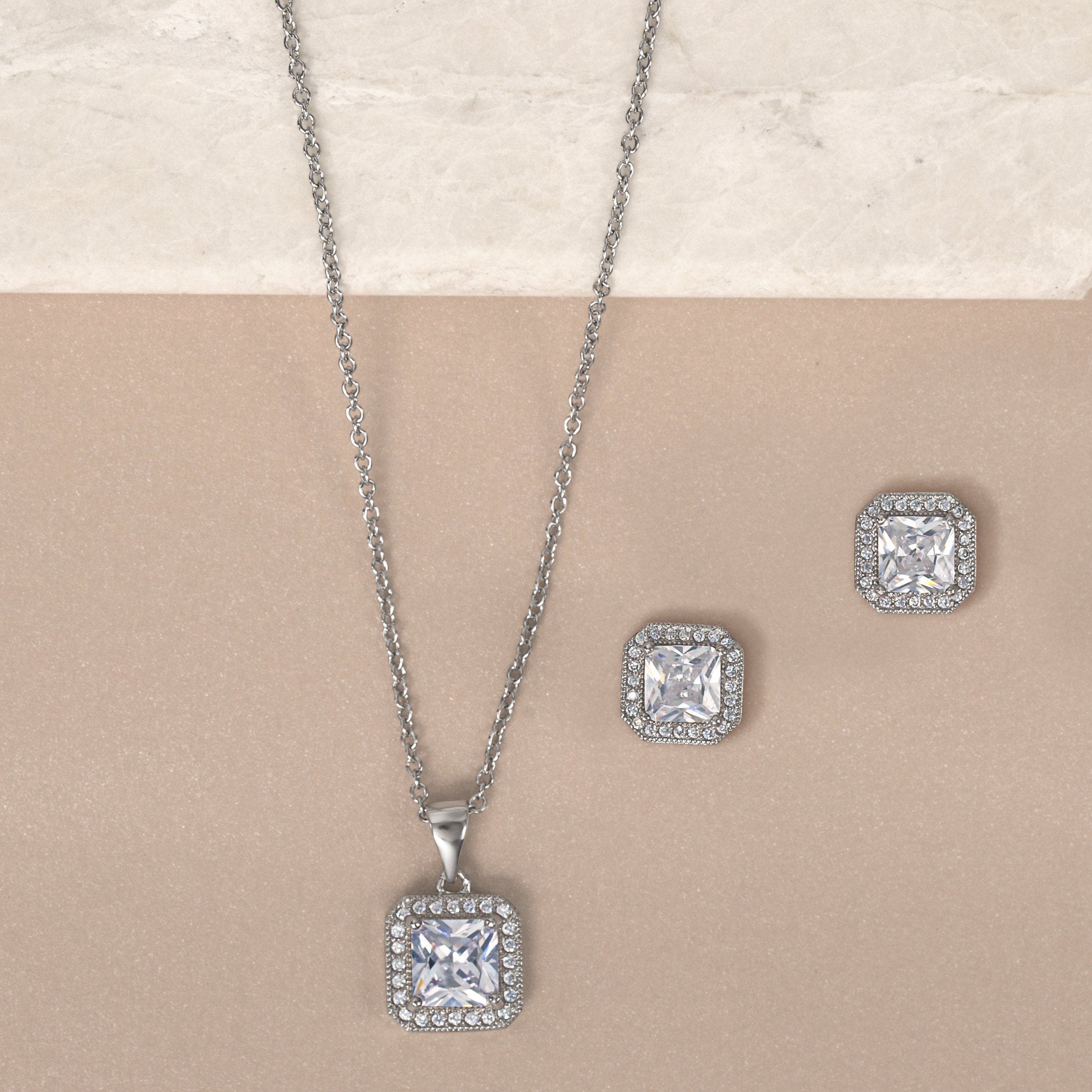 |Square Silver Crystal Earrings and Necklace Set