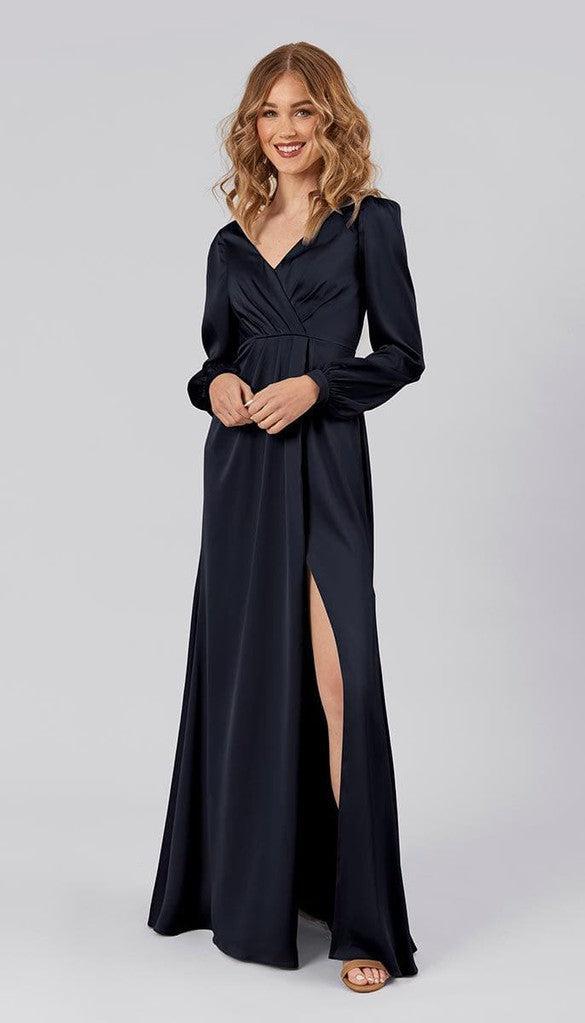 navy blue satin dress long sleeve Tilda Long Sleeve Satin Bridesmaid Dress