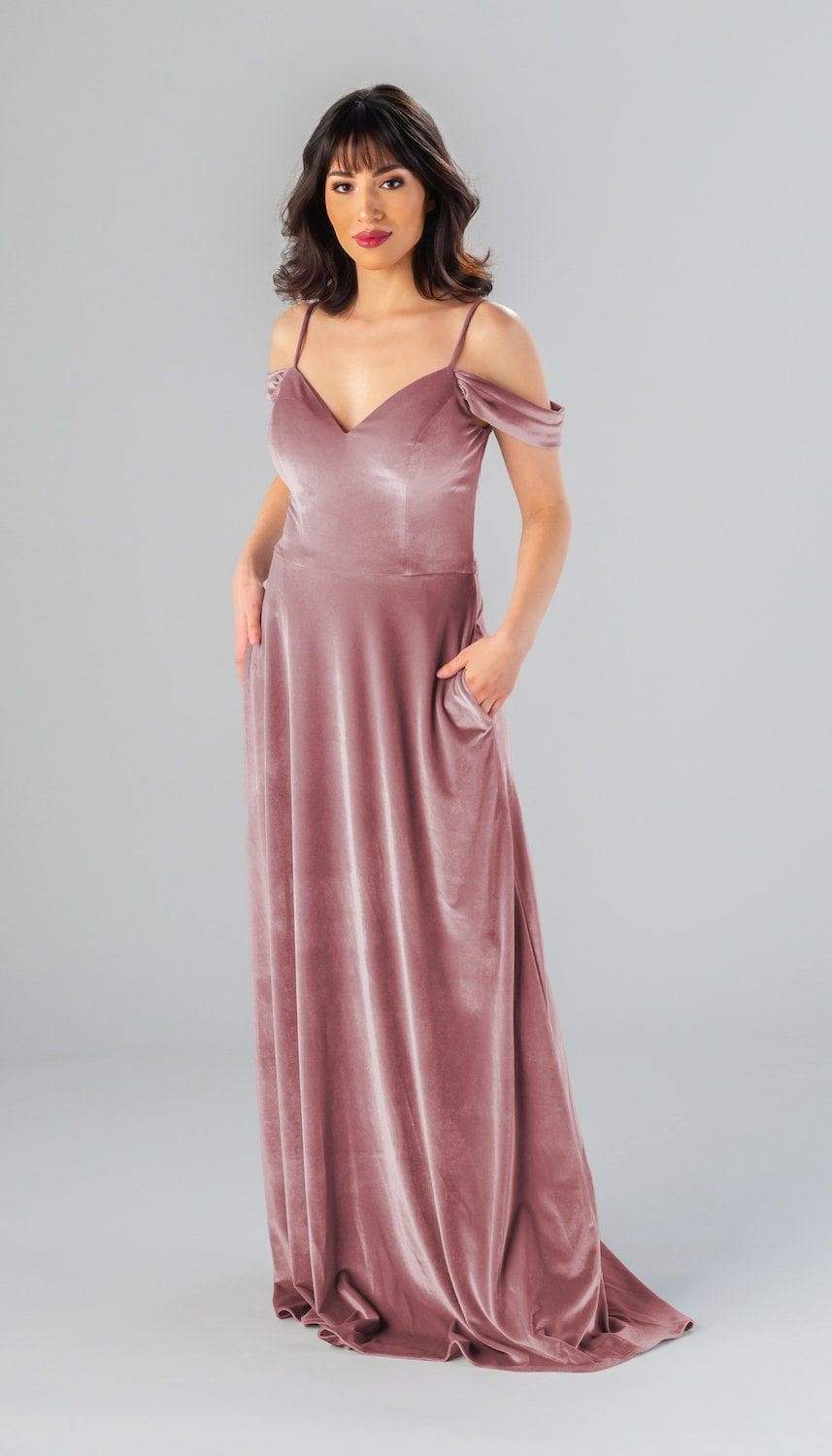 blush velvet bridesmaid dresses Blush Pink Off the Shoulder Bridesmaid Dress with Slit – FancyVestido main image 1